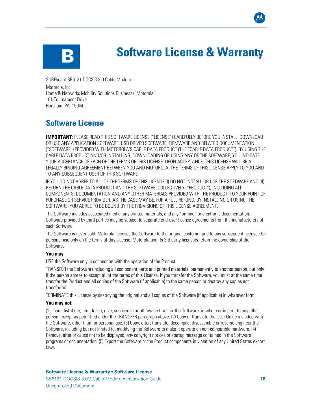 Motorola SB6121, 575319-019-00 manual Software License, You may not 