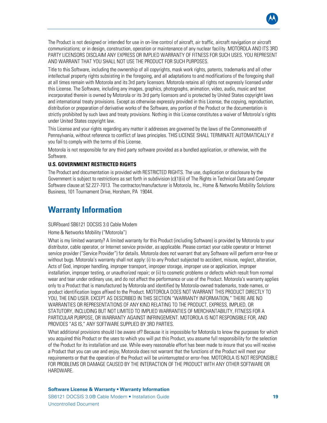 Motorola 575319-019-00, SB6121 manual Warranty Information, Government Restricted Rights 