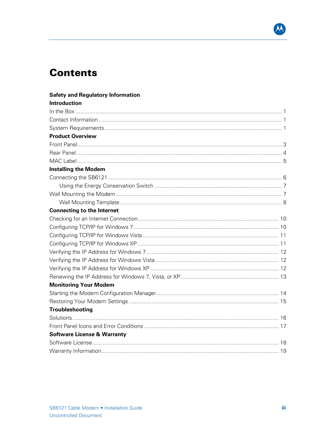 Motorola 575319-019-00, SB6121 manual Contents 