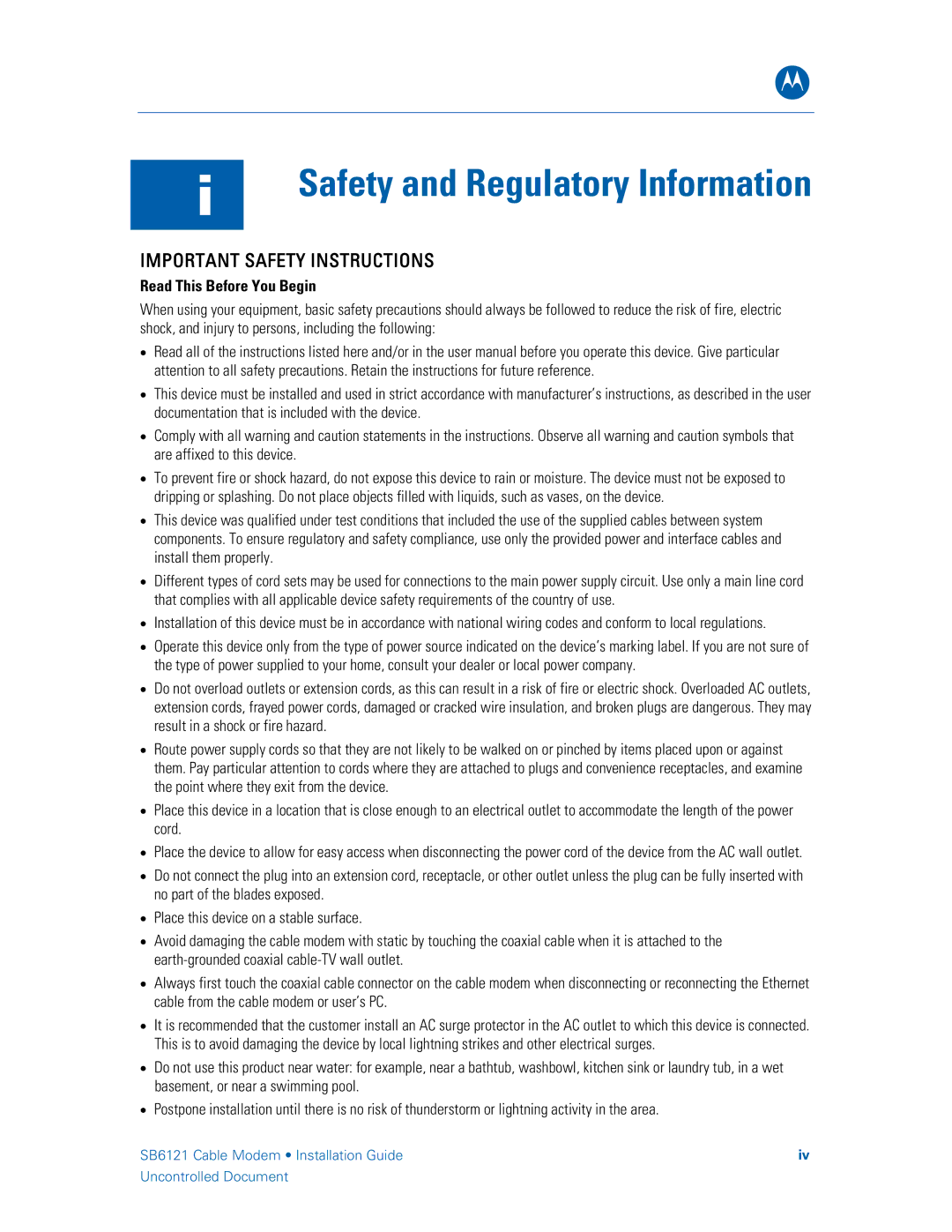 Motorola SB6121, 575319-019-00 manual Safety and Regulatory Information, Read This Before You Begin 