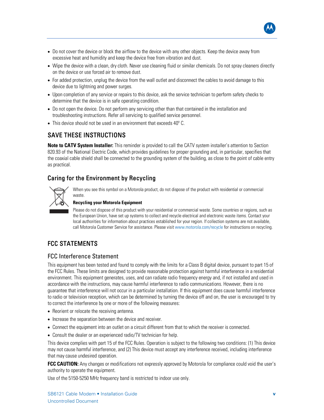 Motorola 575319-019-00, SB6121 manual FCC Statements 