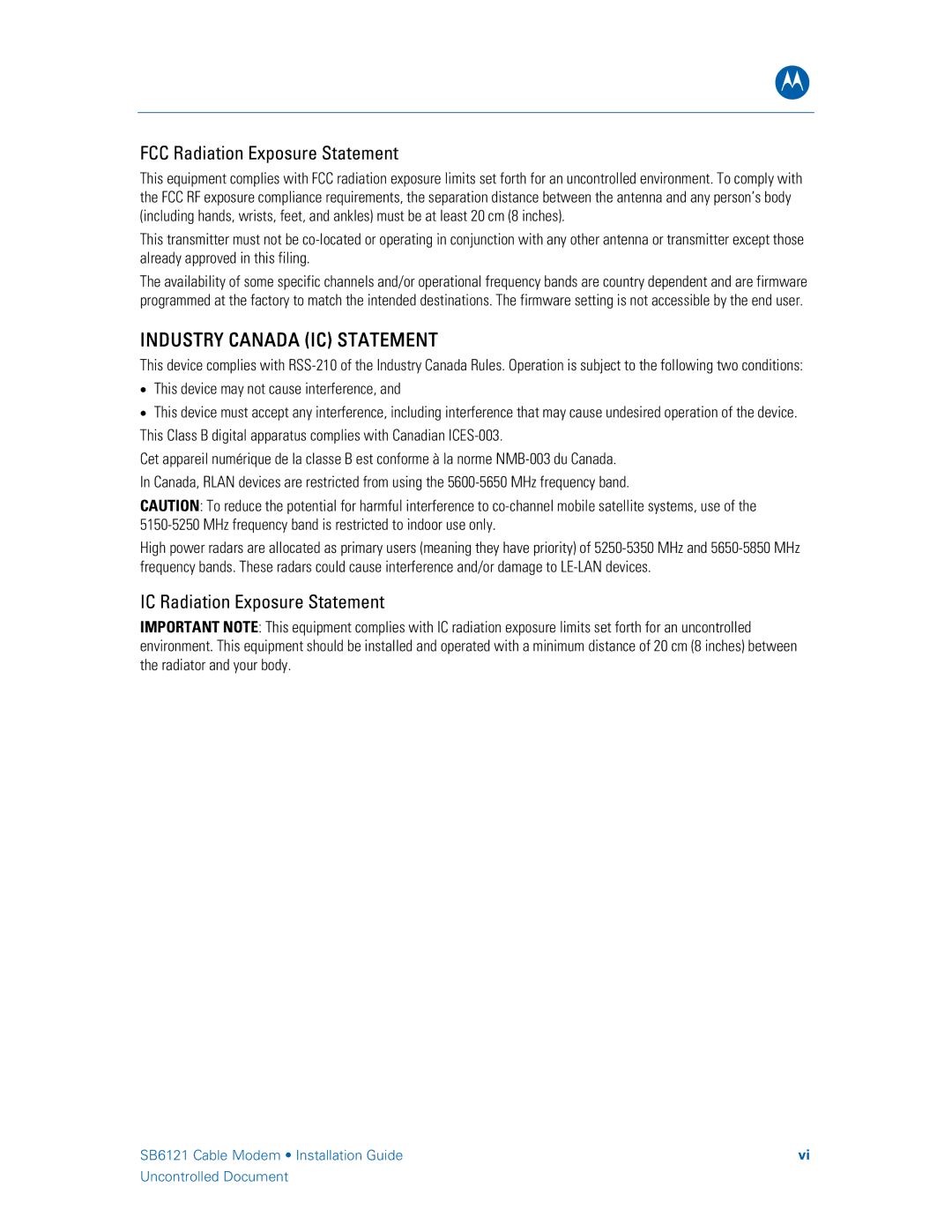 Motorola SB6121, 575319-019-00 manual Industry Canada IC Statement 