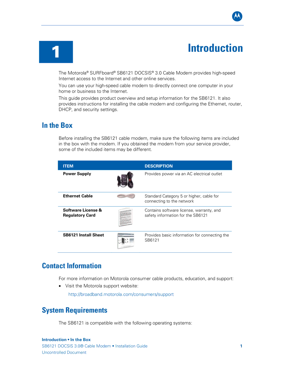 Motorola 575319-019-00, SB6121 manual Box, Contact Information, System Requirements 