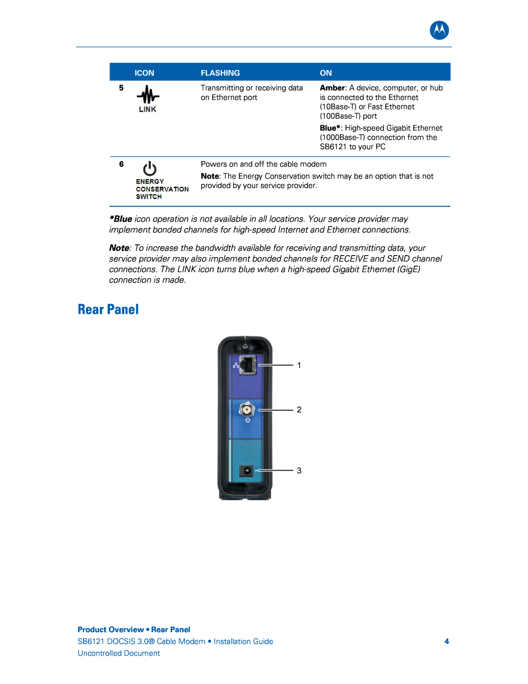 Motorola SB6121, 575319-019-00 manual Product Overview Rear Panel 