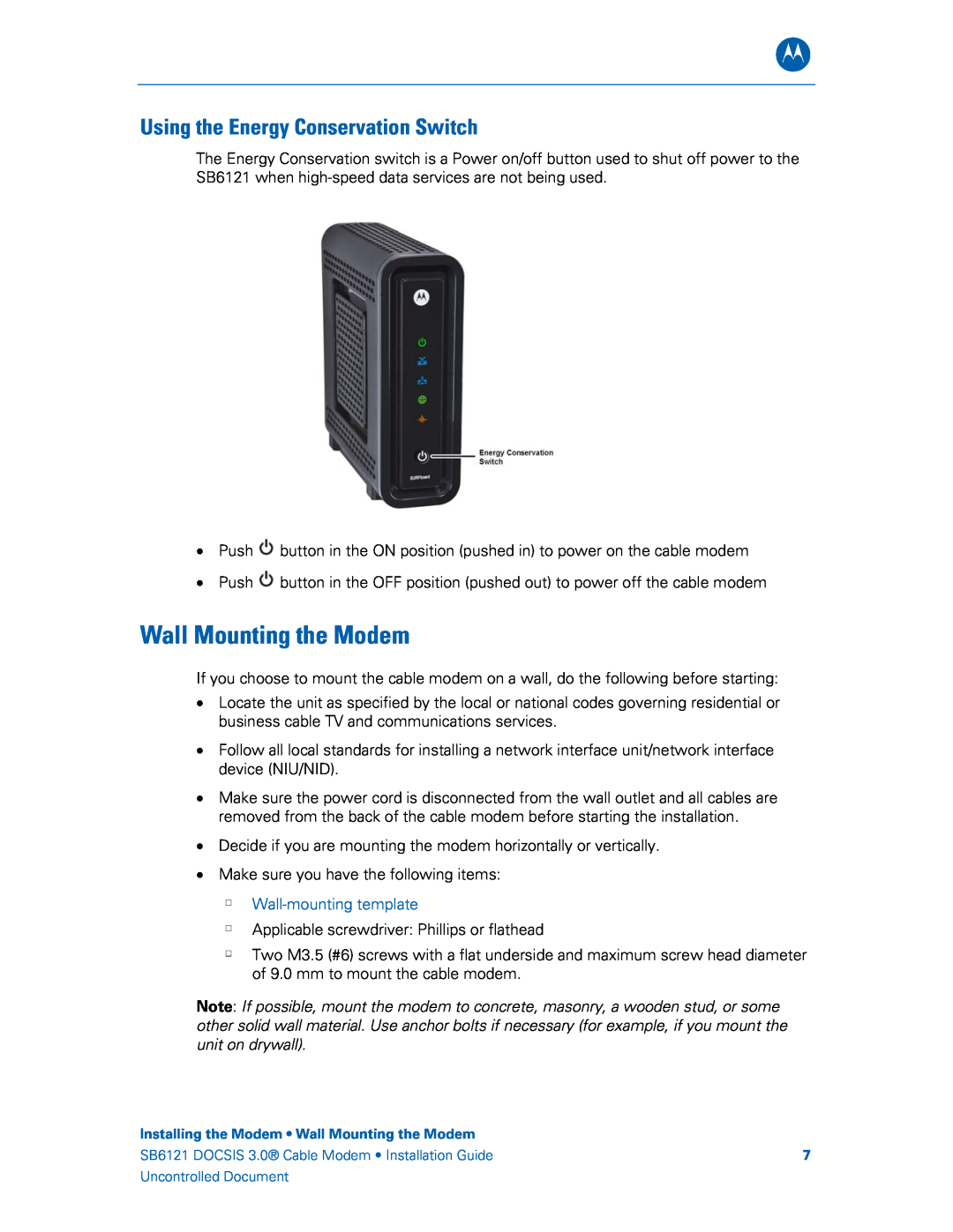 Motorola 575319-019-00, SB6121 manual Wall Mounting the Modem, Using the Energy Conservation Switch, Wall-mounting template 