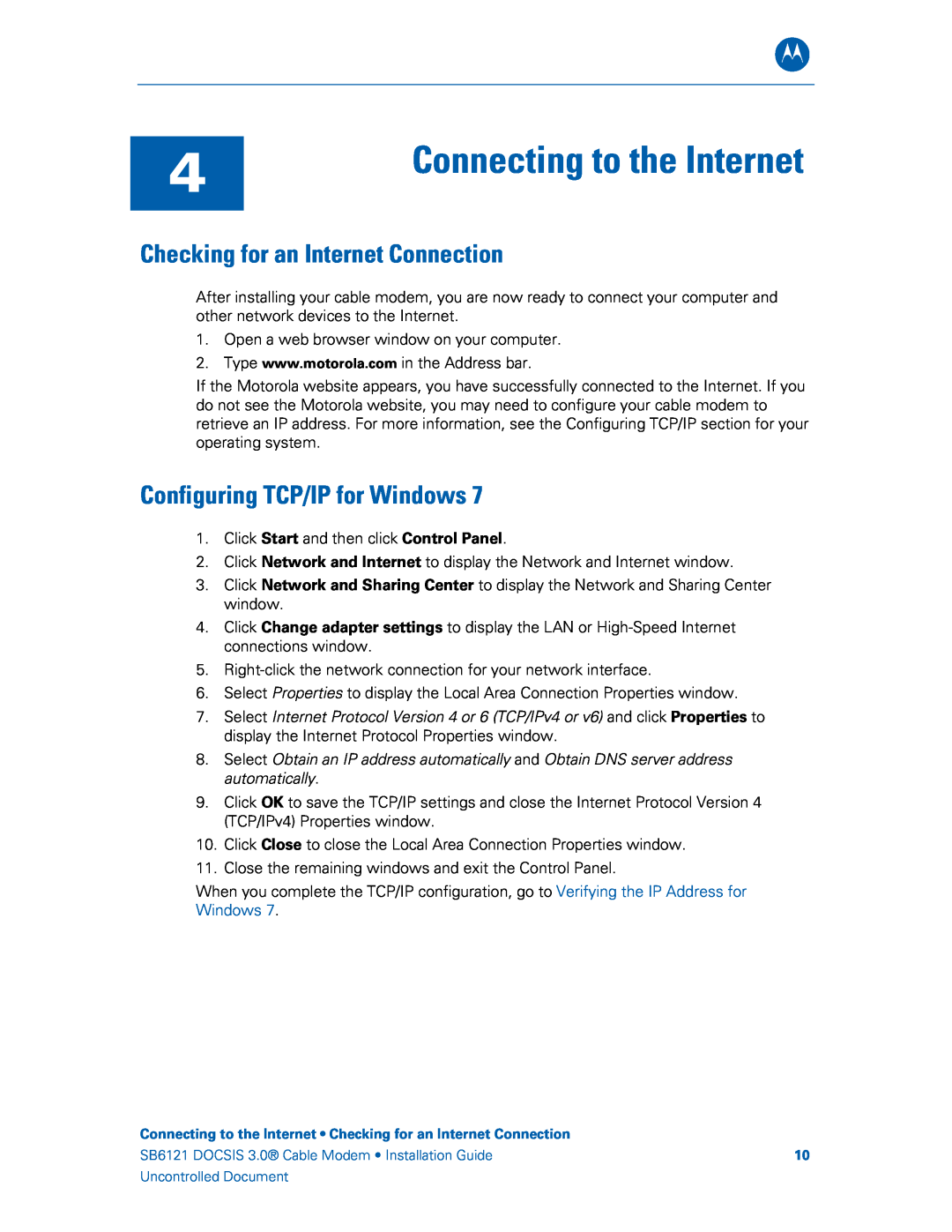 Motorola SB6121 manual Checking for an Internet Connection, Configuring TCP/IP for Windows, Connecting to the Internet 