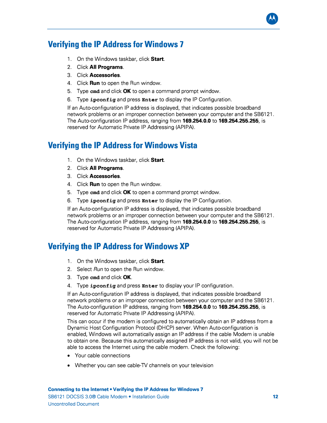 Motorola SB6121, 575319-019-00 Verifying the IP Address for Windows Vista, Verifying the IP Address for Windows XP 
