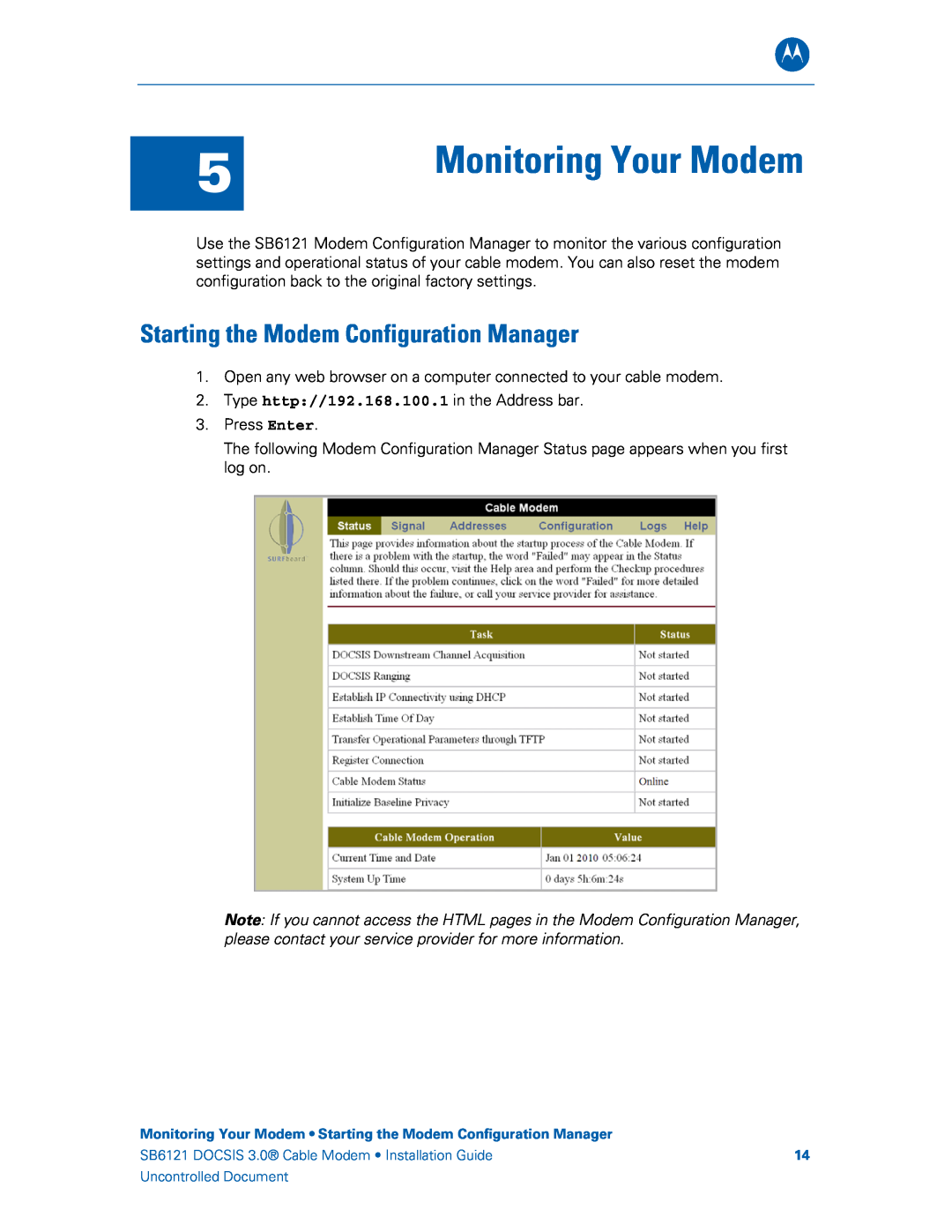 Motorola SB6121, 575319-019-00 manual Monitoring Your Modem, Starting the Modem Configuration Manager 