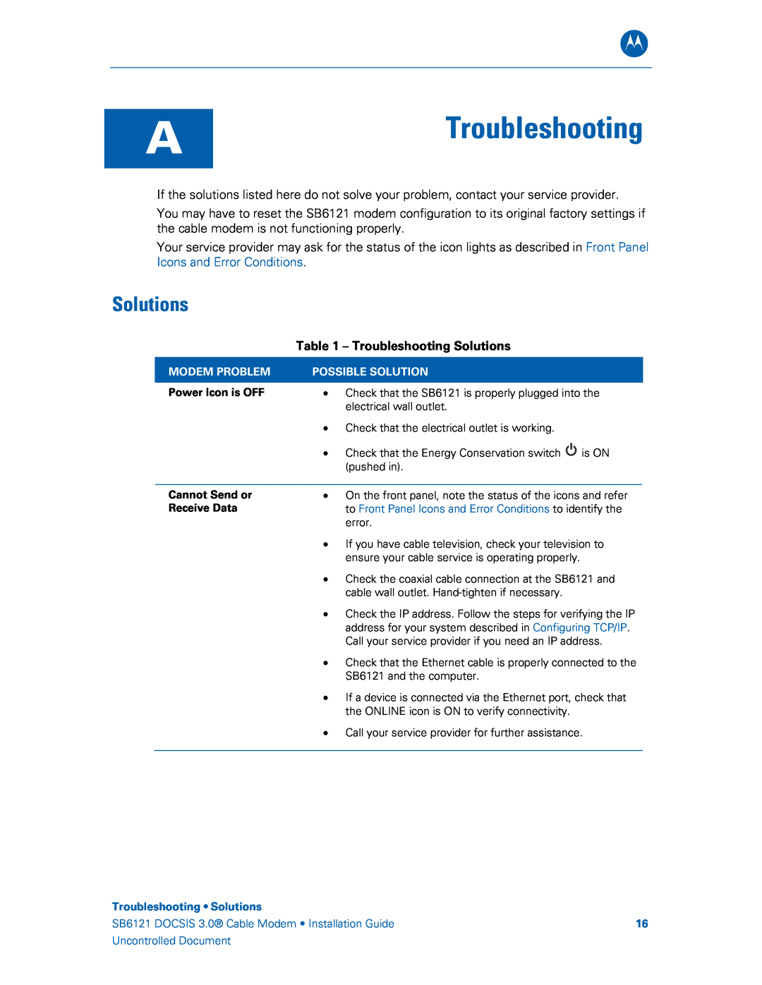 Motorola SB6121, 575319-019-00 manual Troubleshooting Solutions 