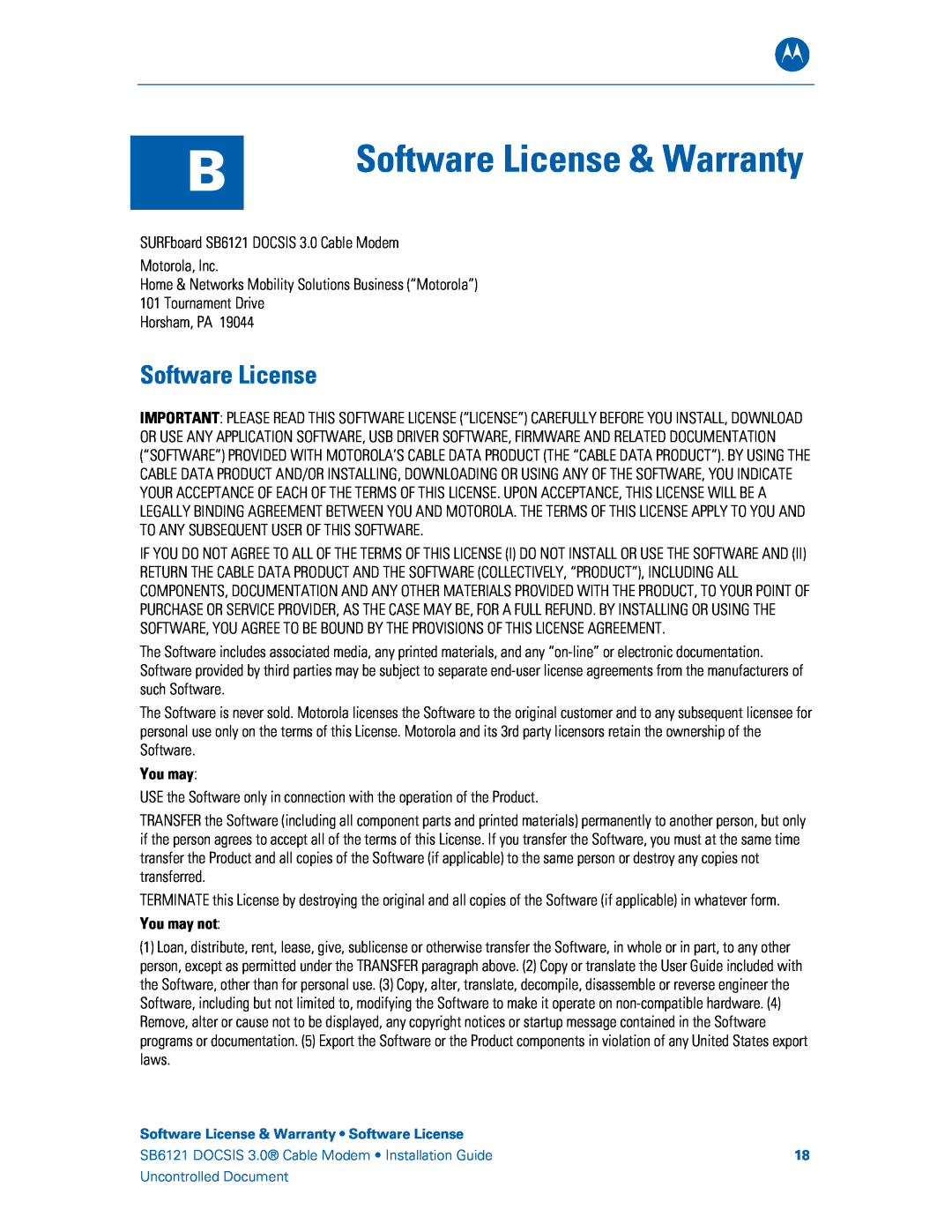 Motorola SB6121, 575319-019-00 manual Software License & Warranty, You may not 