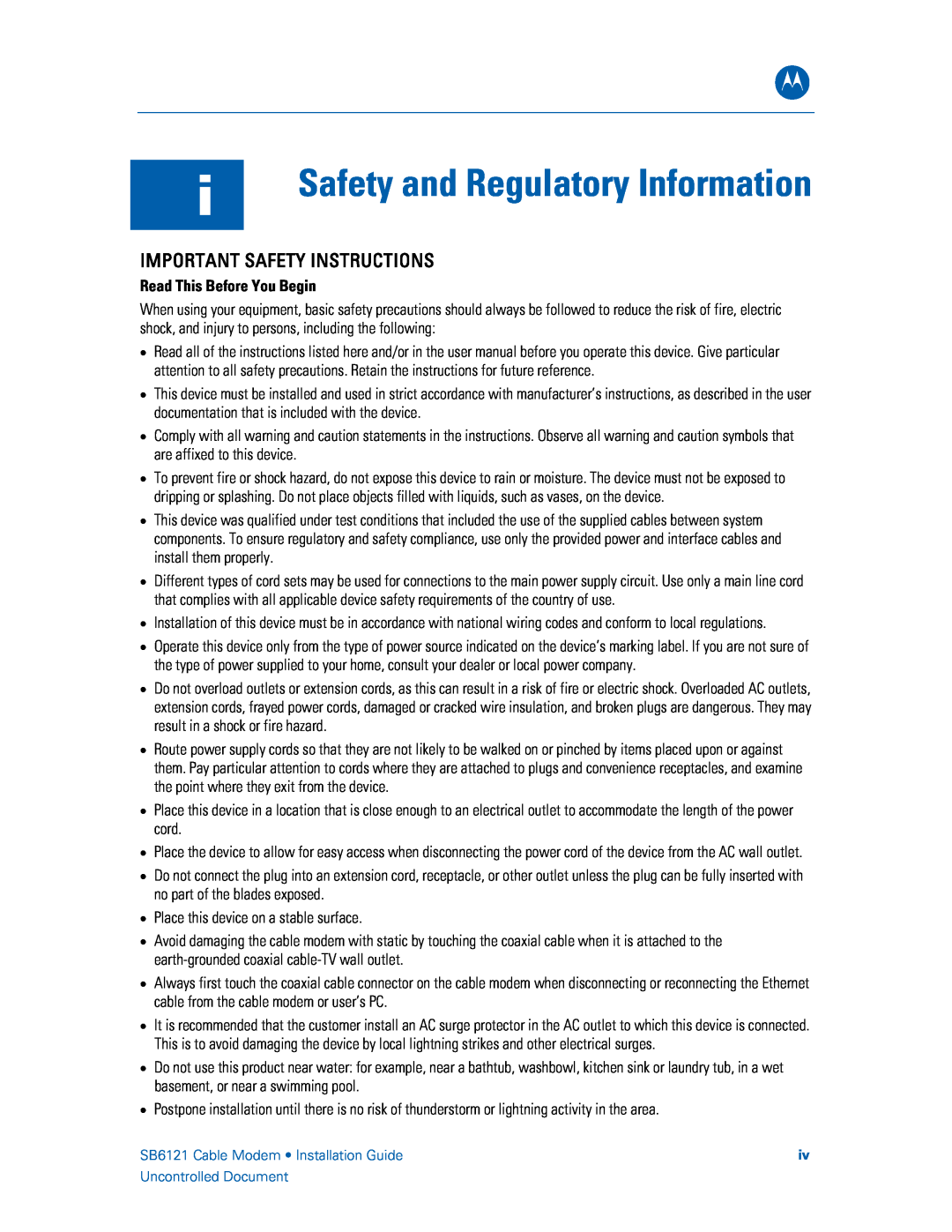 Motorola SB6121 manual i Safety and Regulatory Information, Important Safety Instructions, Read This Before You Begin 