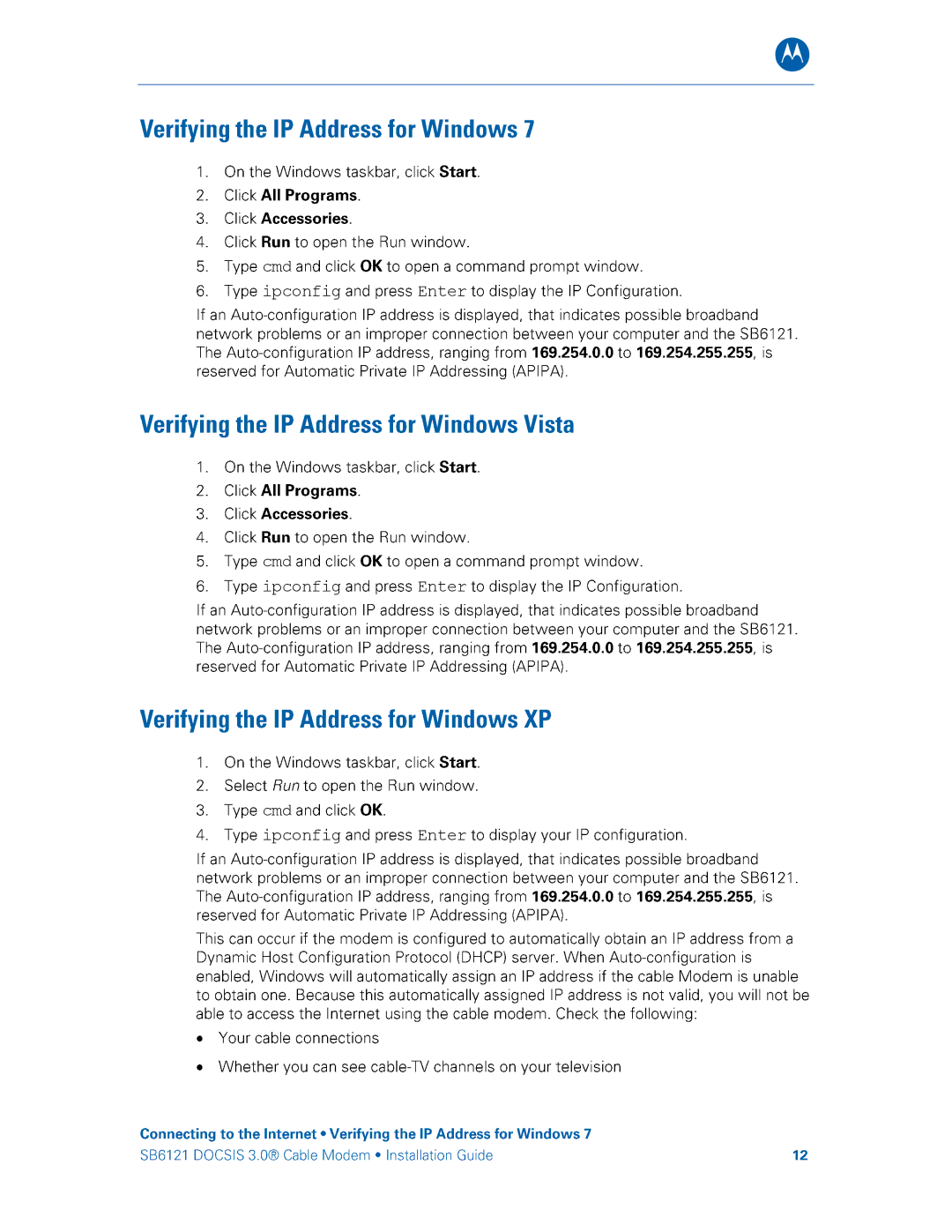 Motorola SB6121 manual Cmd Ipconfig Enter 