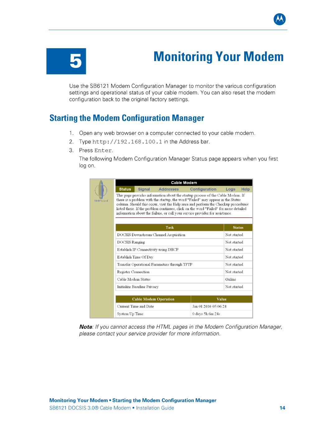 Motorola SB6121 manual Http//192.168.100.1 Enter 