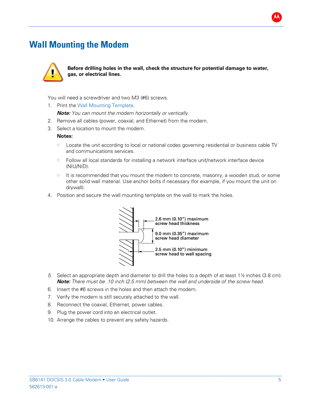 Motorola SB6141 DOCSIS manual Wall Mounting the Modem, Print the Wall Mounting Template 