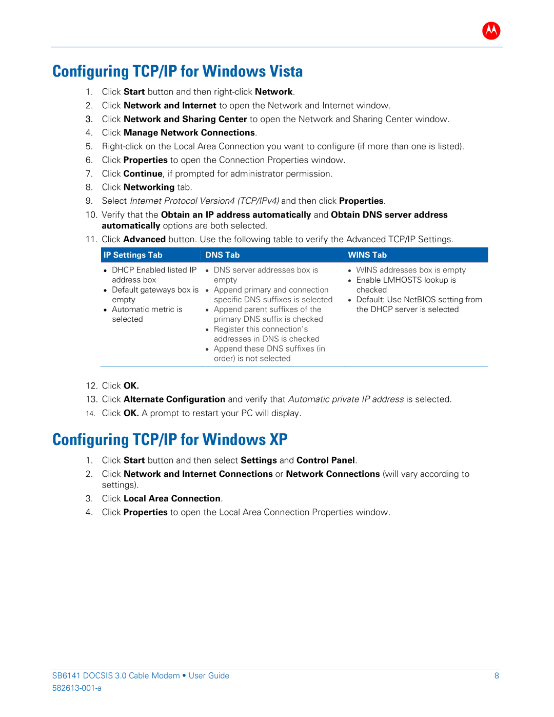 Motorola SB6141 DOCSIS manual Configuring TCP/IP for Windows Vista, Configuring TCP/IP for Windows XP, Click Networking tab 