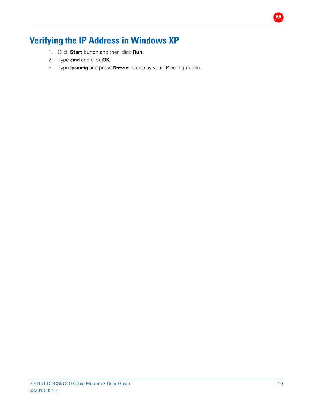 Motorola SB6141 DOCSIS manual Verifying the IP Address in Windows XP 