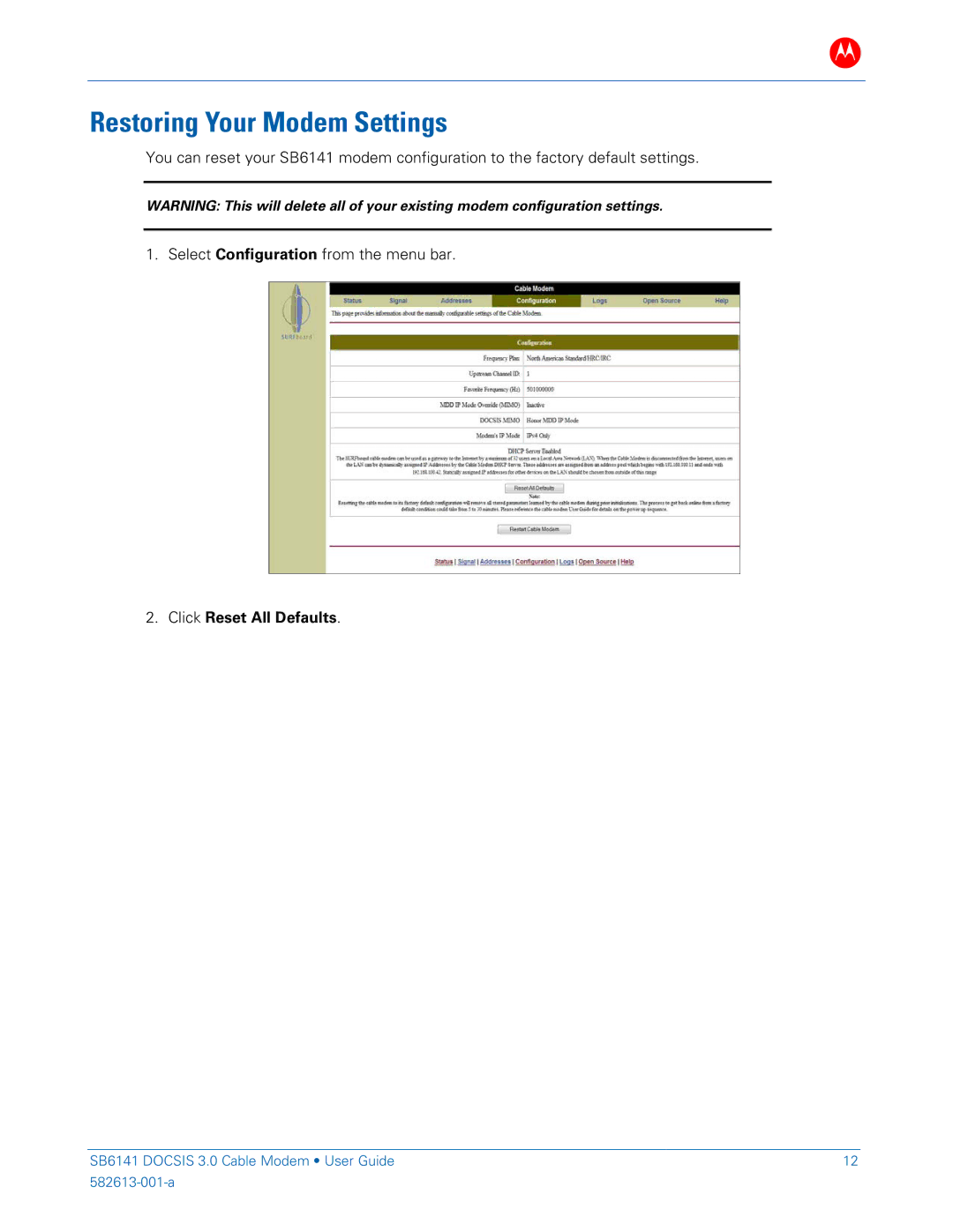 Motorola SB6141 DOCSIS manual Restoring Your Modem Settings, Click Reset All Defaults 