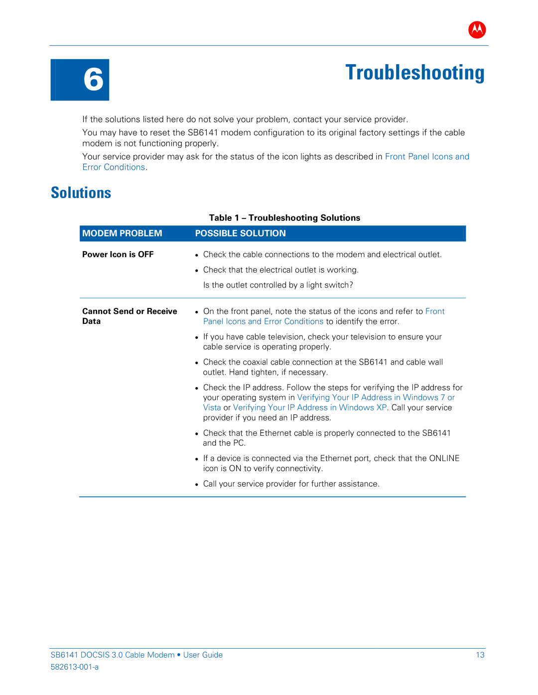 Motorola SB6141 DOCSIS manual Troubleshooting, Solutions 