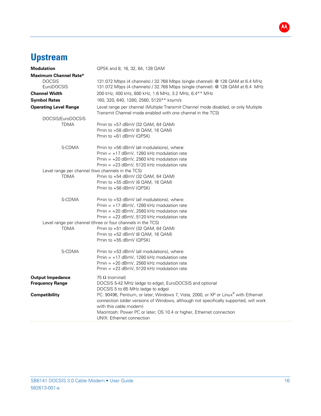 Motorola SB6141 DOCSIS manual Upstream, Maximum Channel Rate 