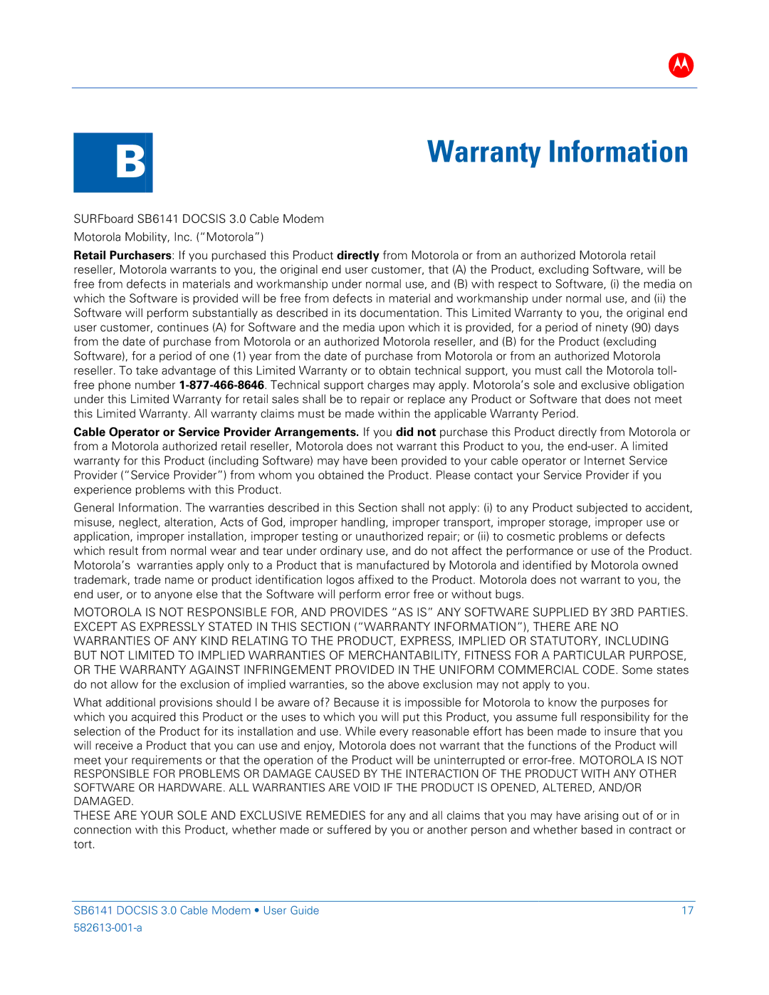 Motorola SB6141 DOCSIS manual Warranty Information 