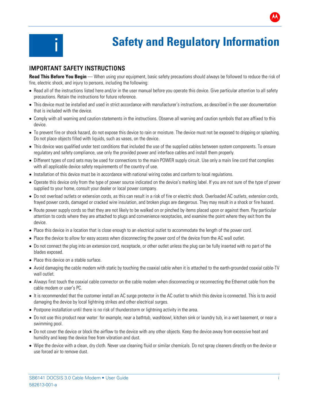 Motorola SB6141 DOCSIS manual Safety and Regulatory Information, Important Safety Instructions 