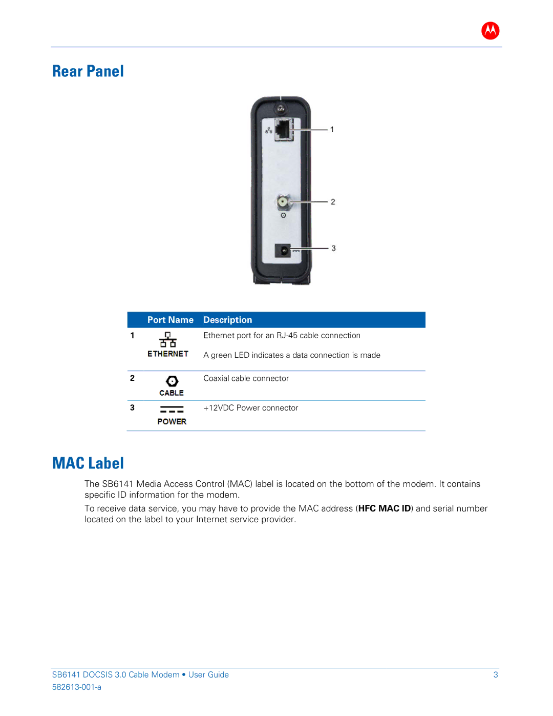 Motorola SB6141 DOCSIS manual Rear Panel, MAC Label 