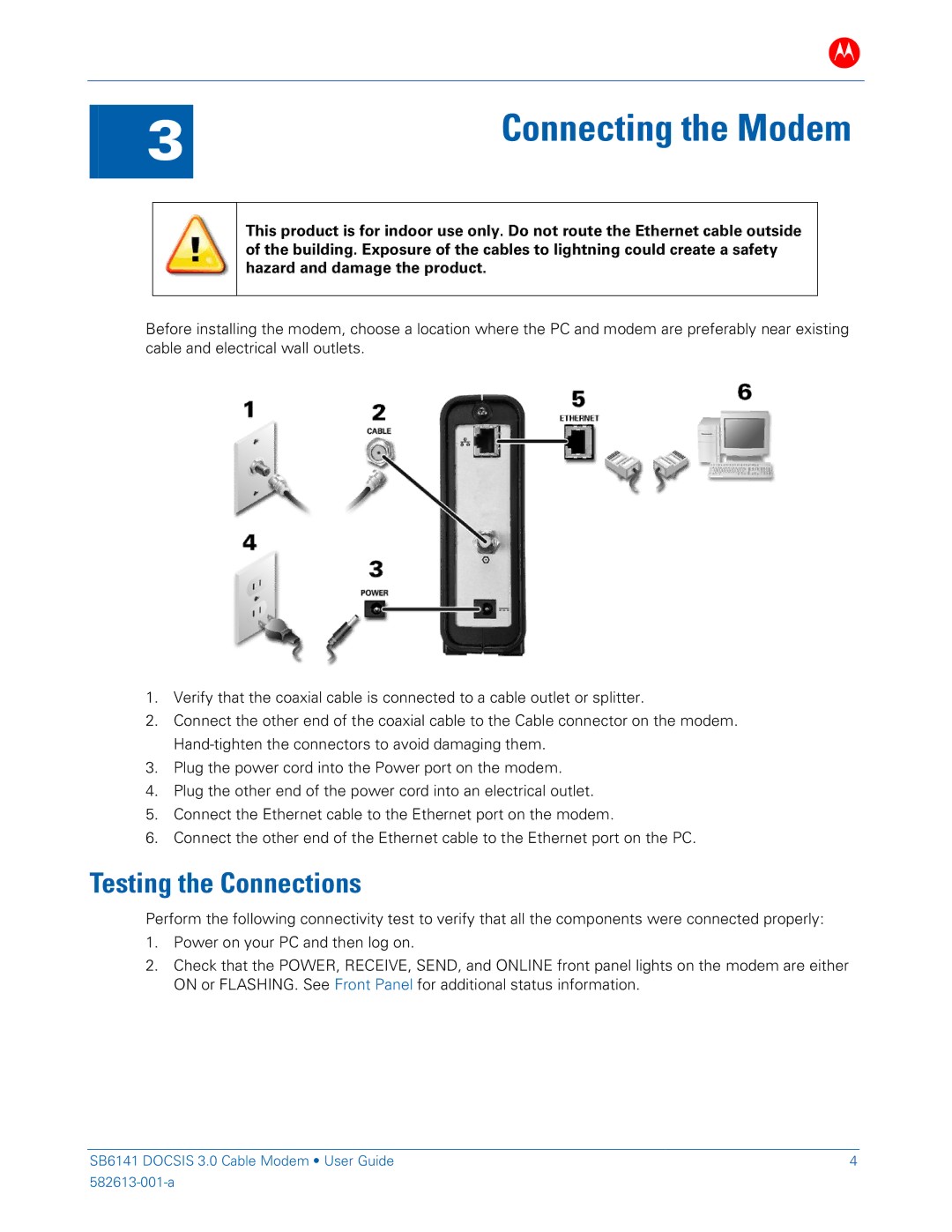 Motorola SB6141 DOCSIS manual Connecting the Modem, Testing the Connections 