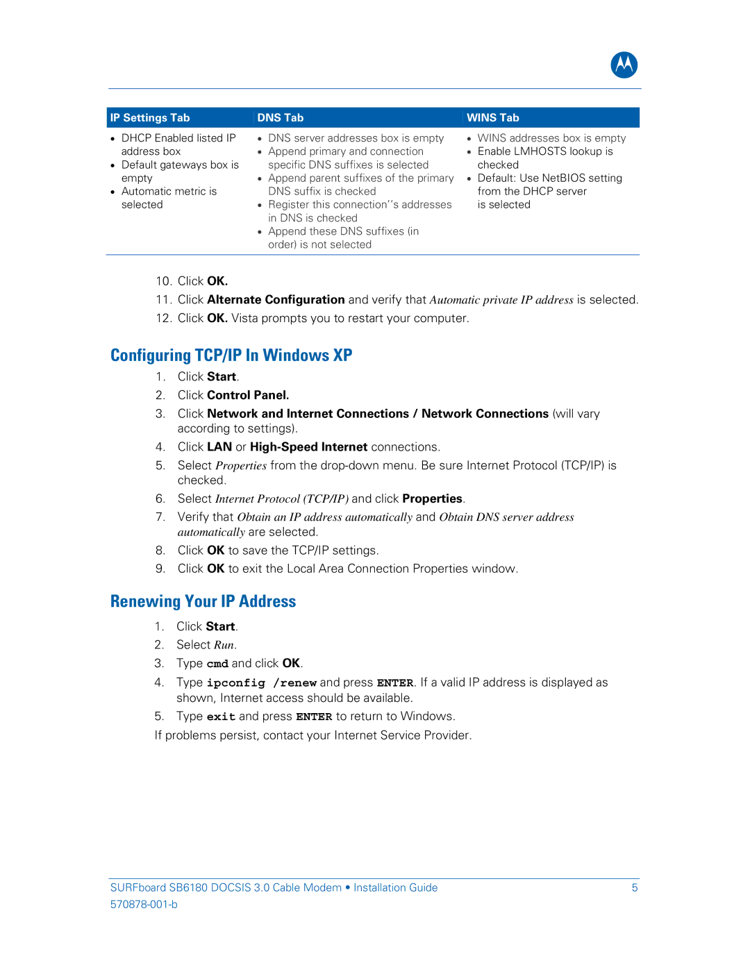 Motorola SB6180 Configuring TCP/IP In Windows XP, Renewing Your IP Address, IP Settings Tab DNS Tab Wins Tab 