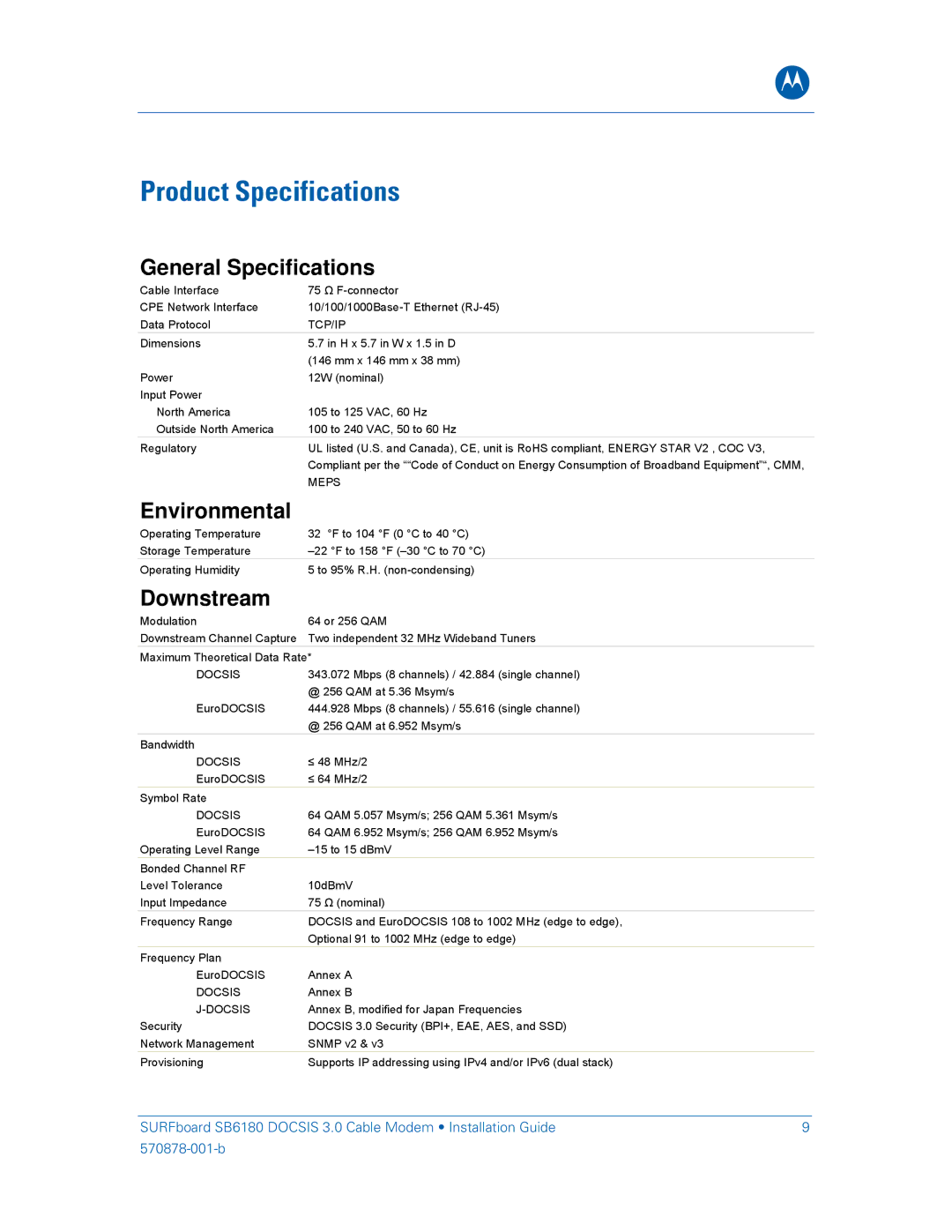 Motorola SB6180 installation manual Product Specifications, General Specifications 