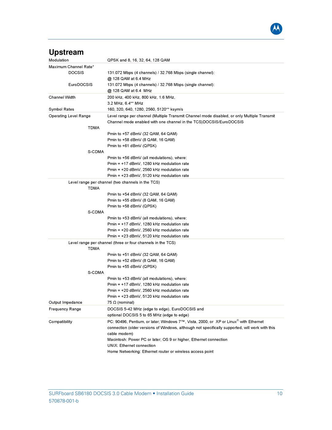 Motorola SB6180 installation manual Upstream 