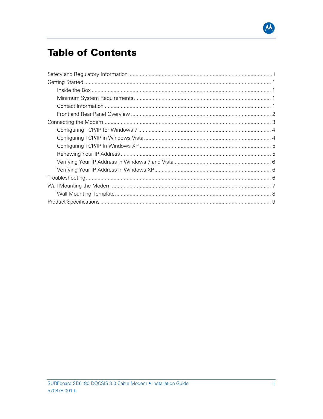 Motorola SB6180 installation manual Table of Contents 