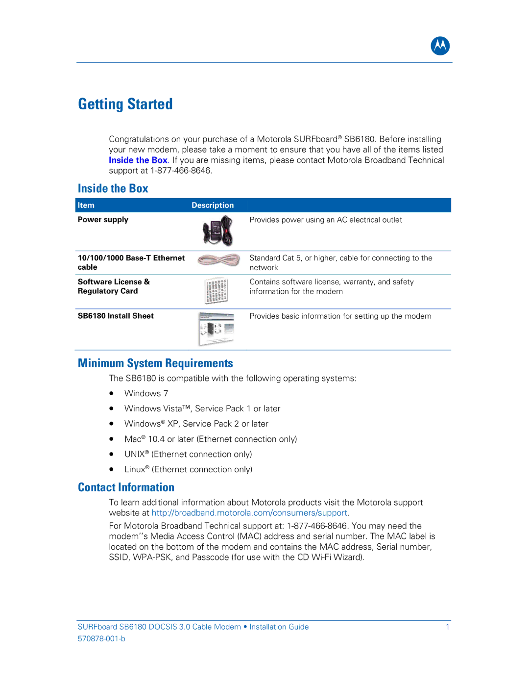 Motorola SB6180 Getting Started, Inside the Box, Minimum System Requirements, Contact Information, Description 