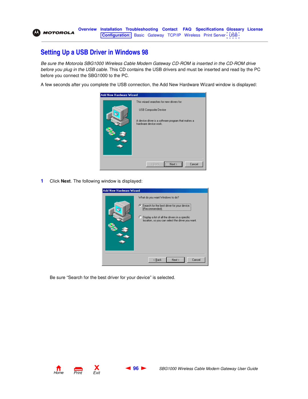 Motorola SBG1000 manual Setting Up a USB Driver in Windows 