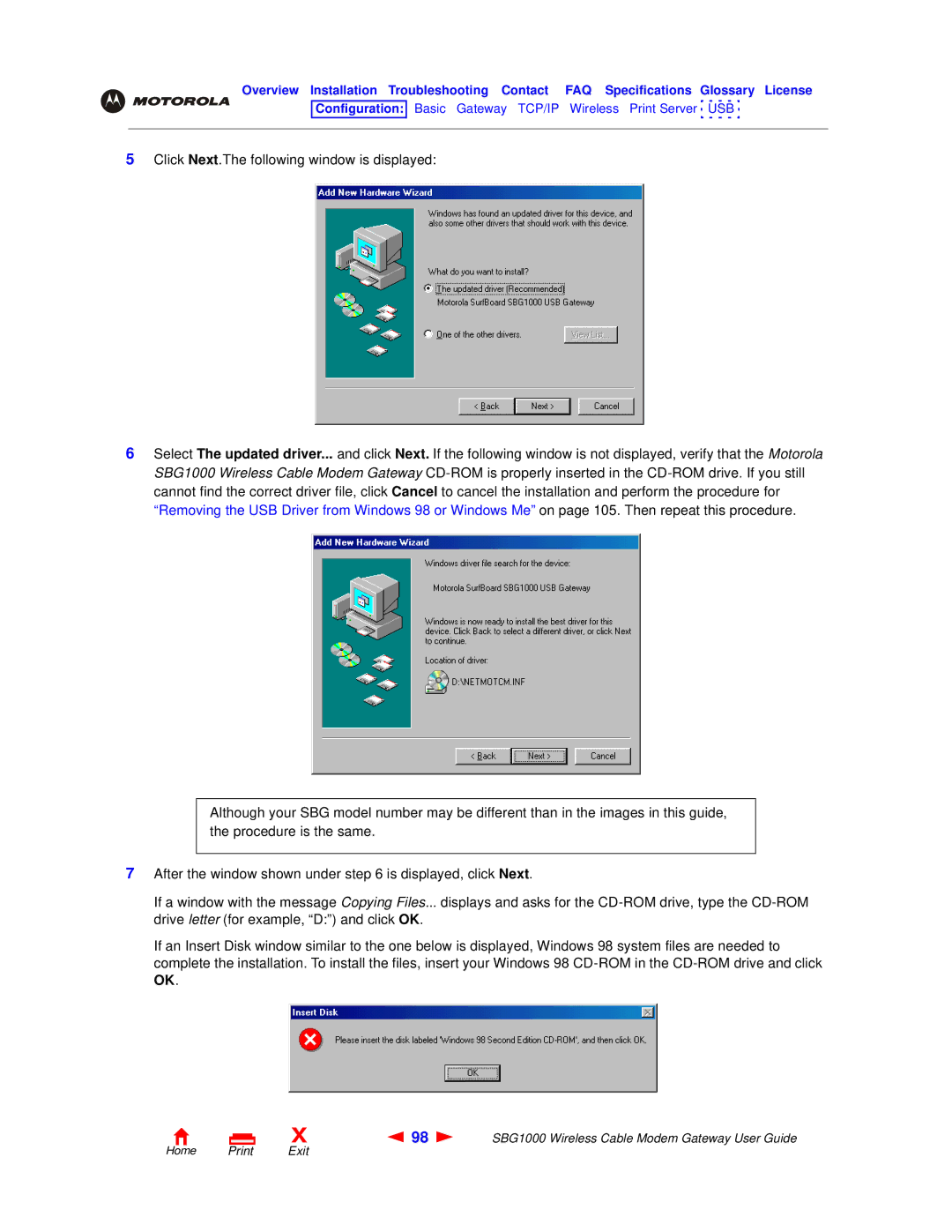 Motorola SBG1000 manual Home Print Exit 