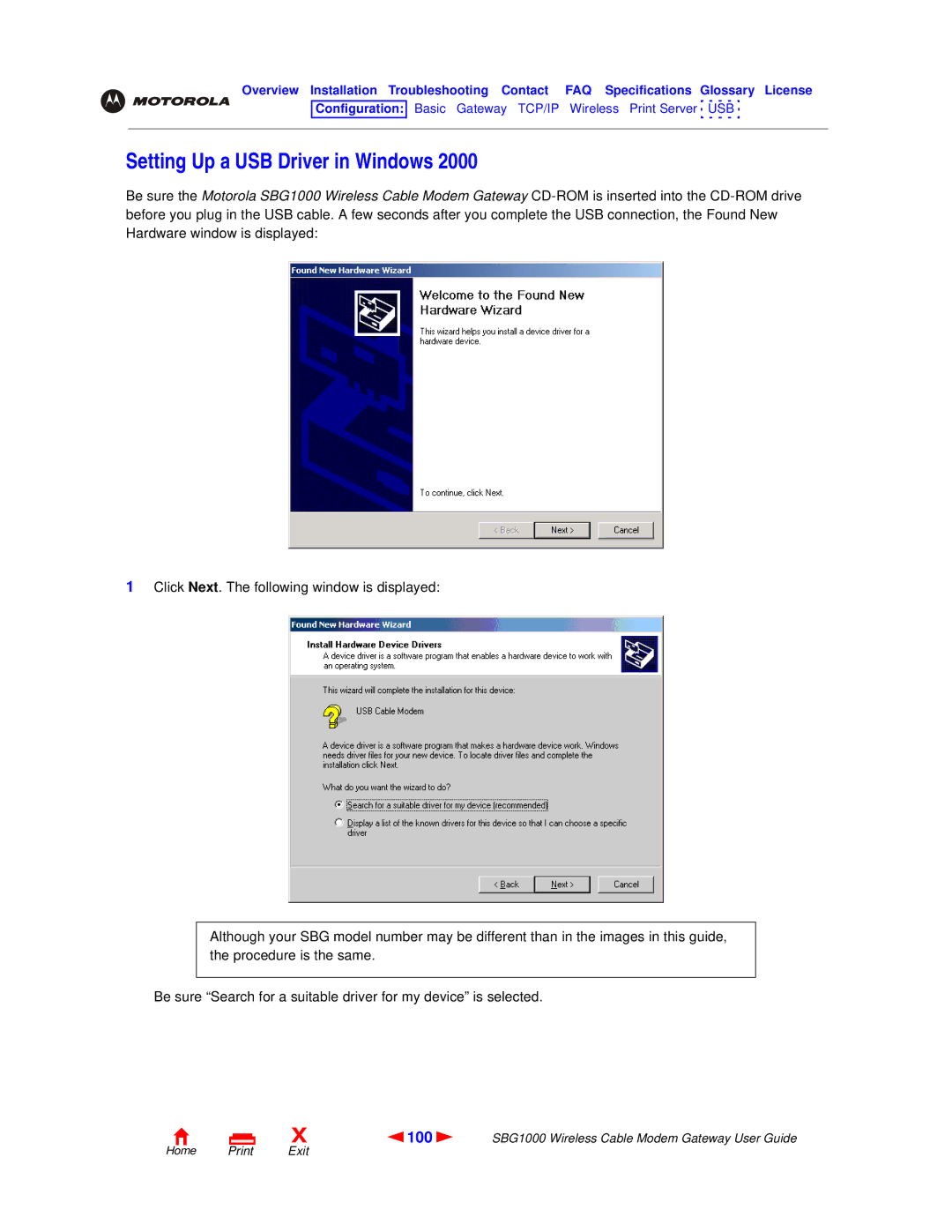 Motorola SBG1000 manual Setting Up a USB Driver in Windows 