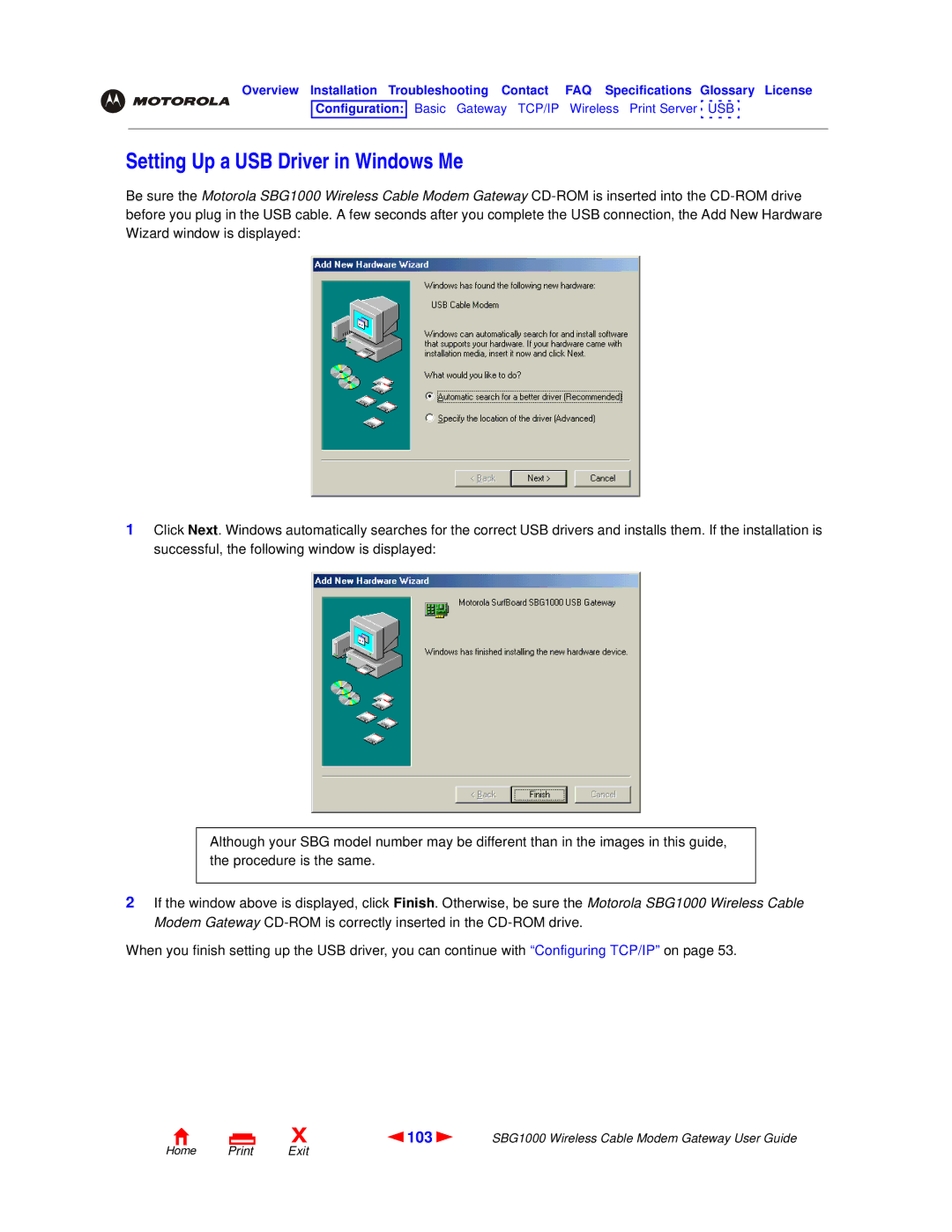 Motorola SBG1000 manual Setting Up a USB Driver in Windows Me, 103 