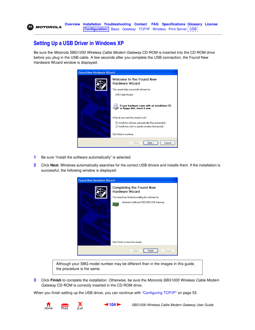 Motorola SBG1000 manual Setting Up a USB Driver in Windows XP, 104 