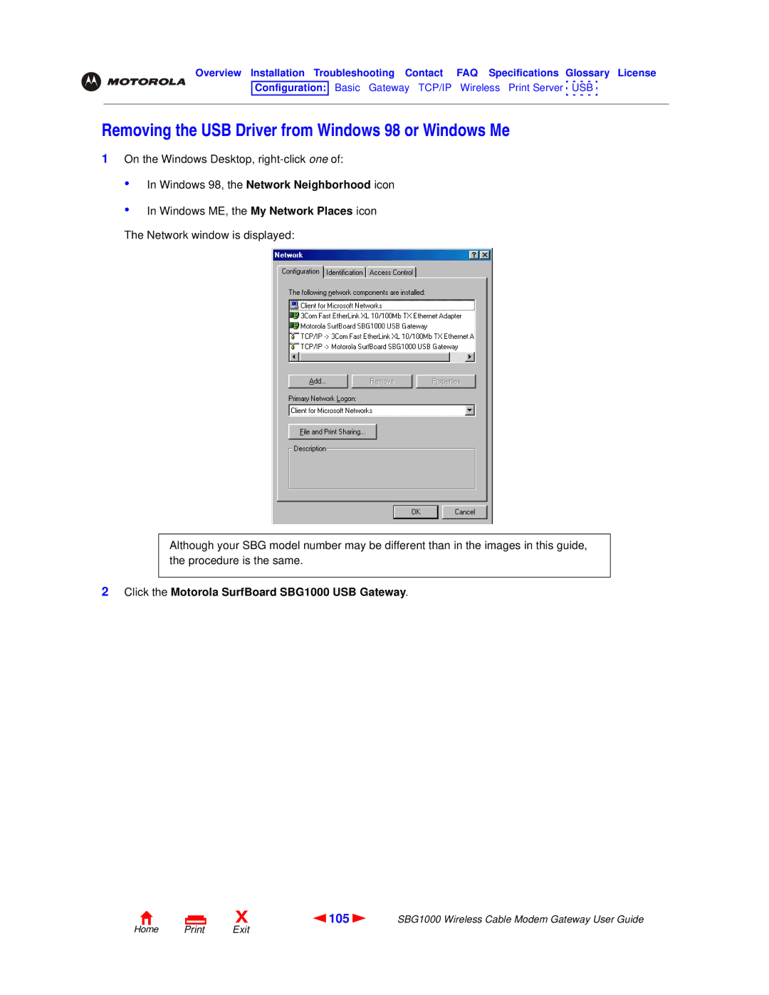 Motorola SBG1000 manual Removing the USB Driver from Windows 98 or Windows Me, 105 