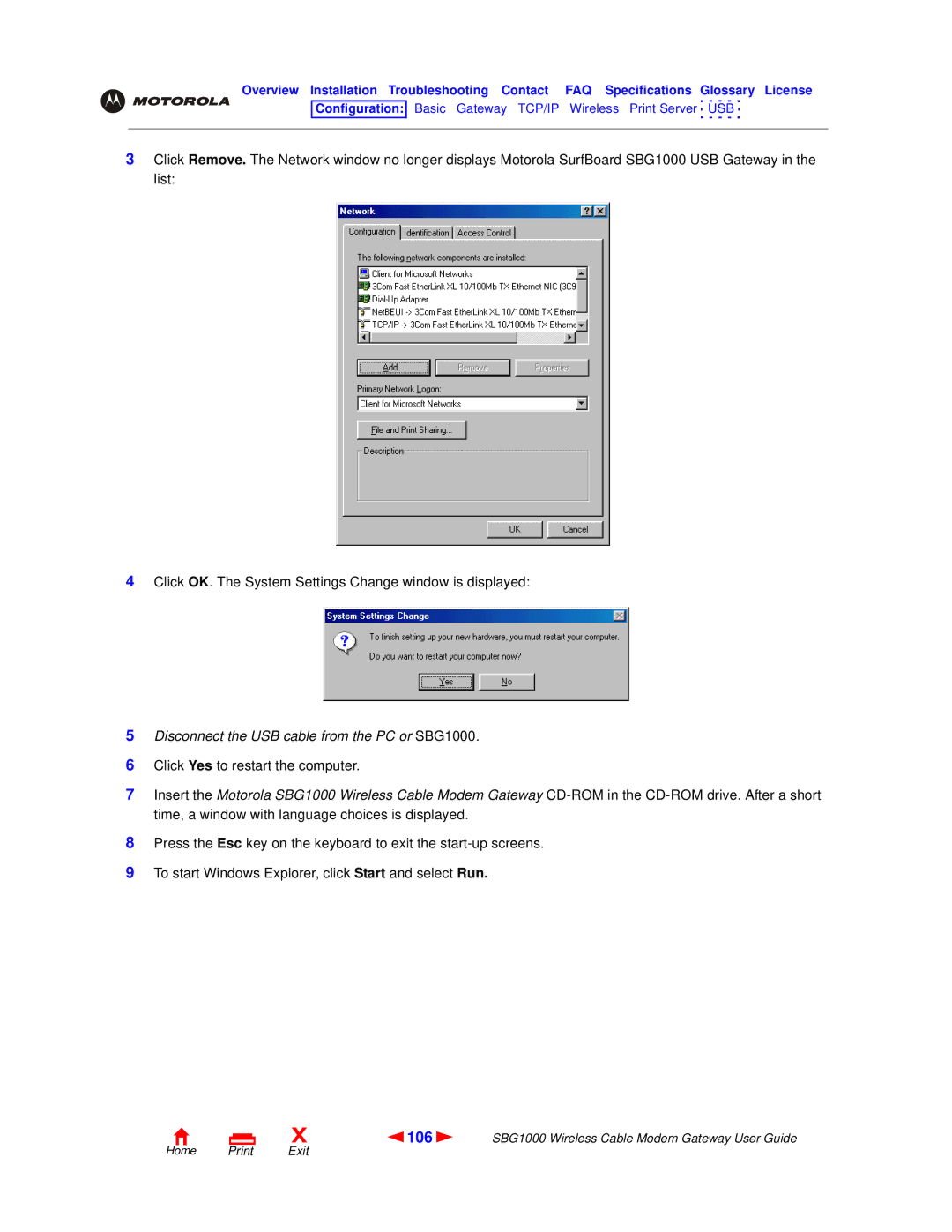 Motorola manual 106, Disconnect the USB cable from the PC or SBG1000 