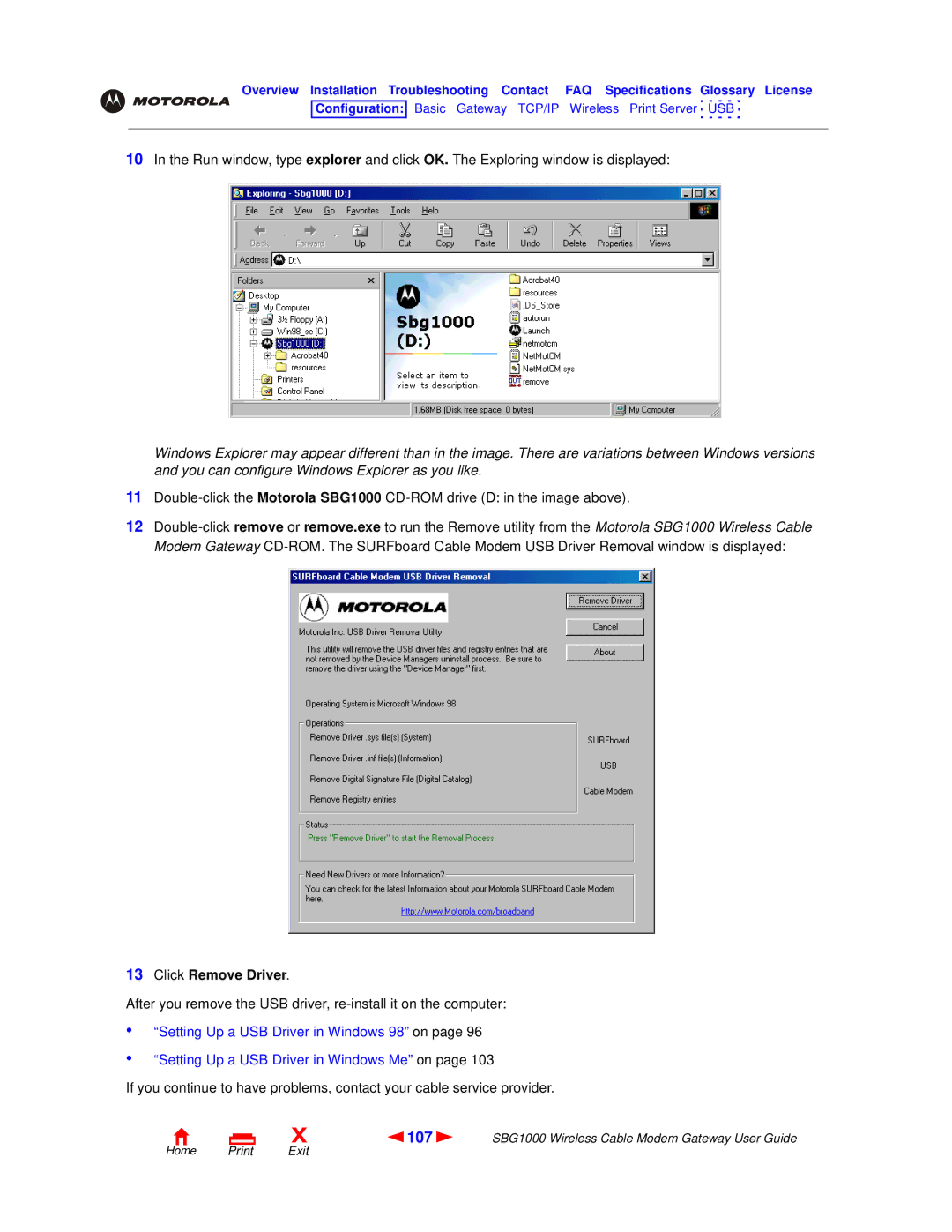 Motorola SBG1000 manual 107, Click Remove Driver 