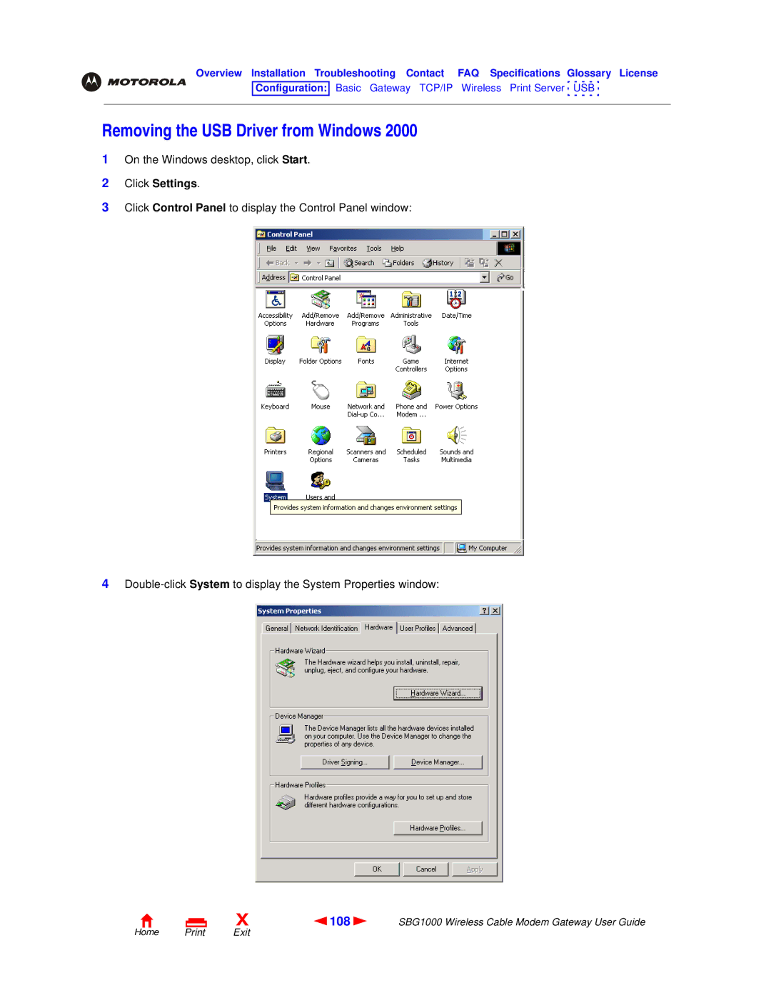 Motorola SBG1000 manual Removing the USB Driver from Windows, 108 