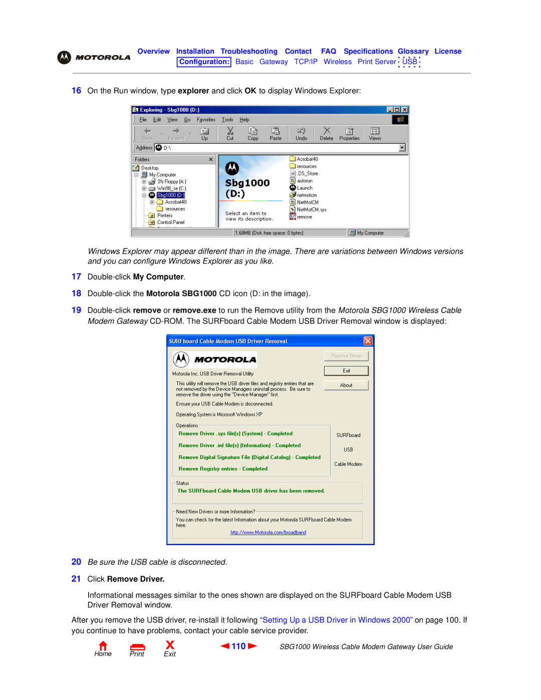 Motorola SBG1000 manual 110, Click Remove Driver 