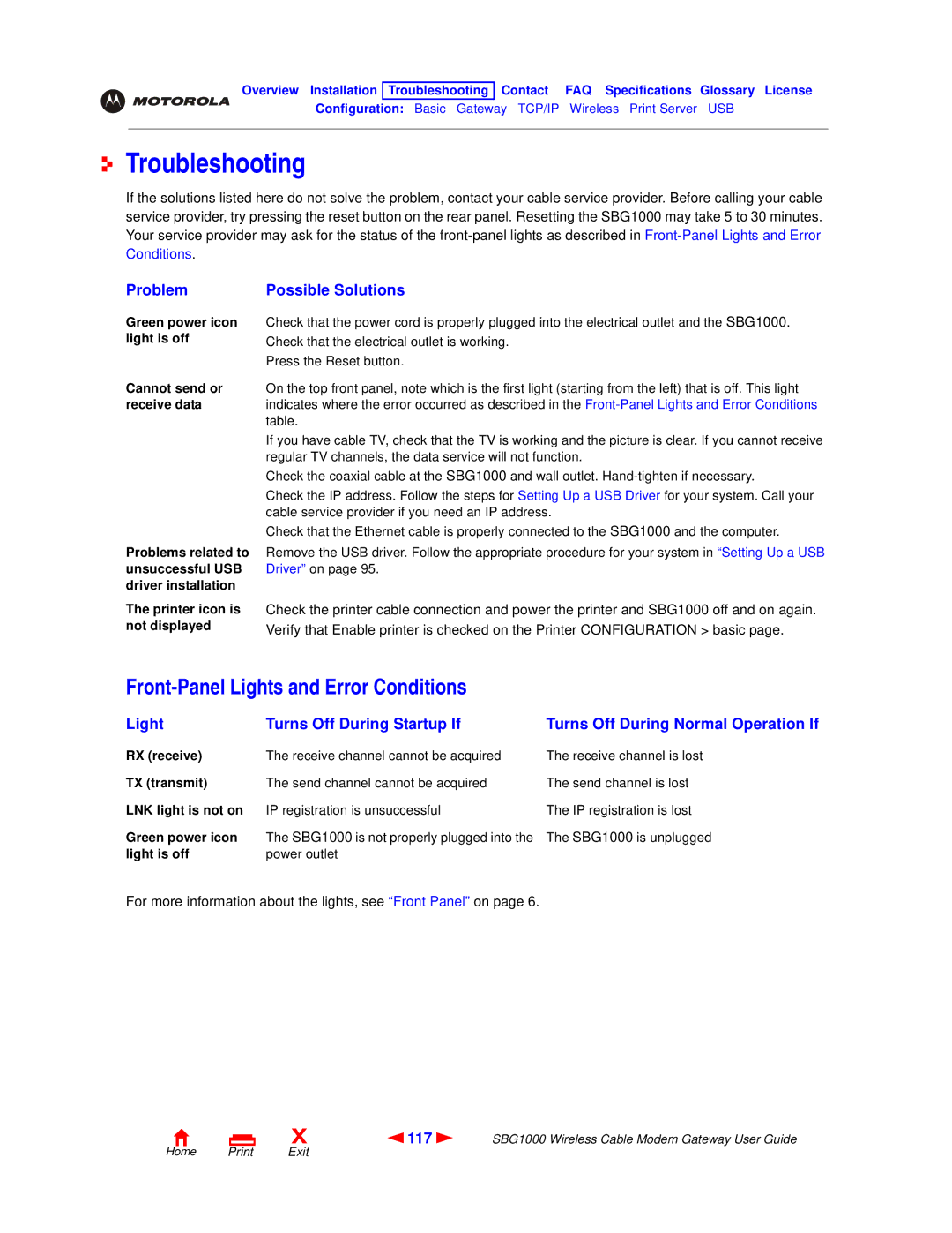 Motorola SBG1000 manual Troubleshooting, Front-Panel Lights and Error Conditions, Problem Possible Solutions, 117 