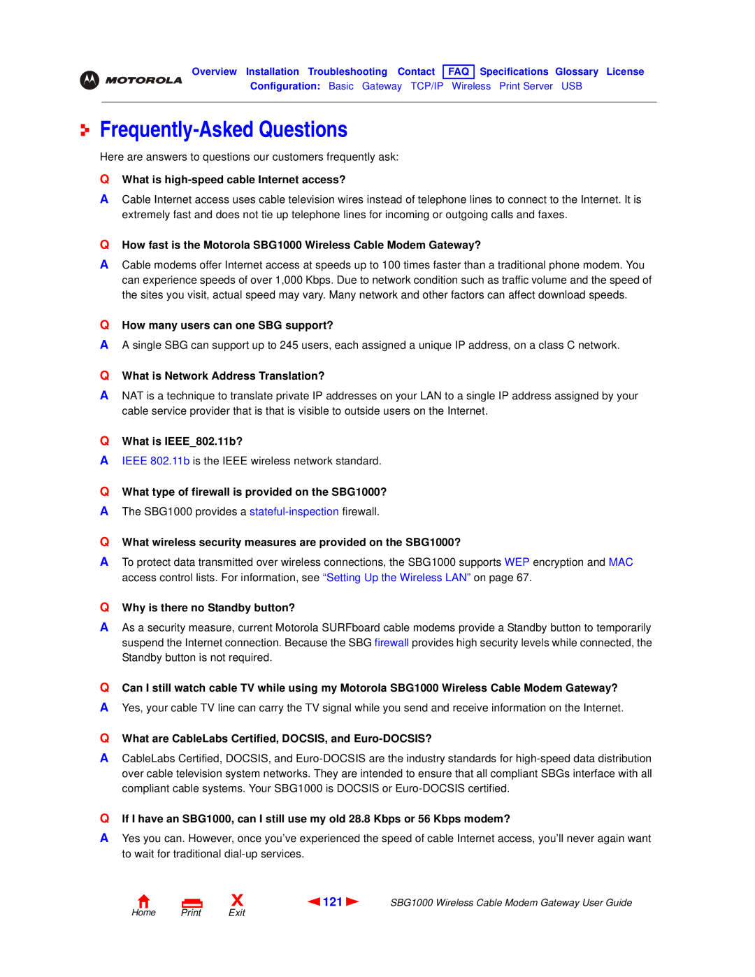 Motorola SBG1000 manual Frequently-Asked Questions, 121 