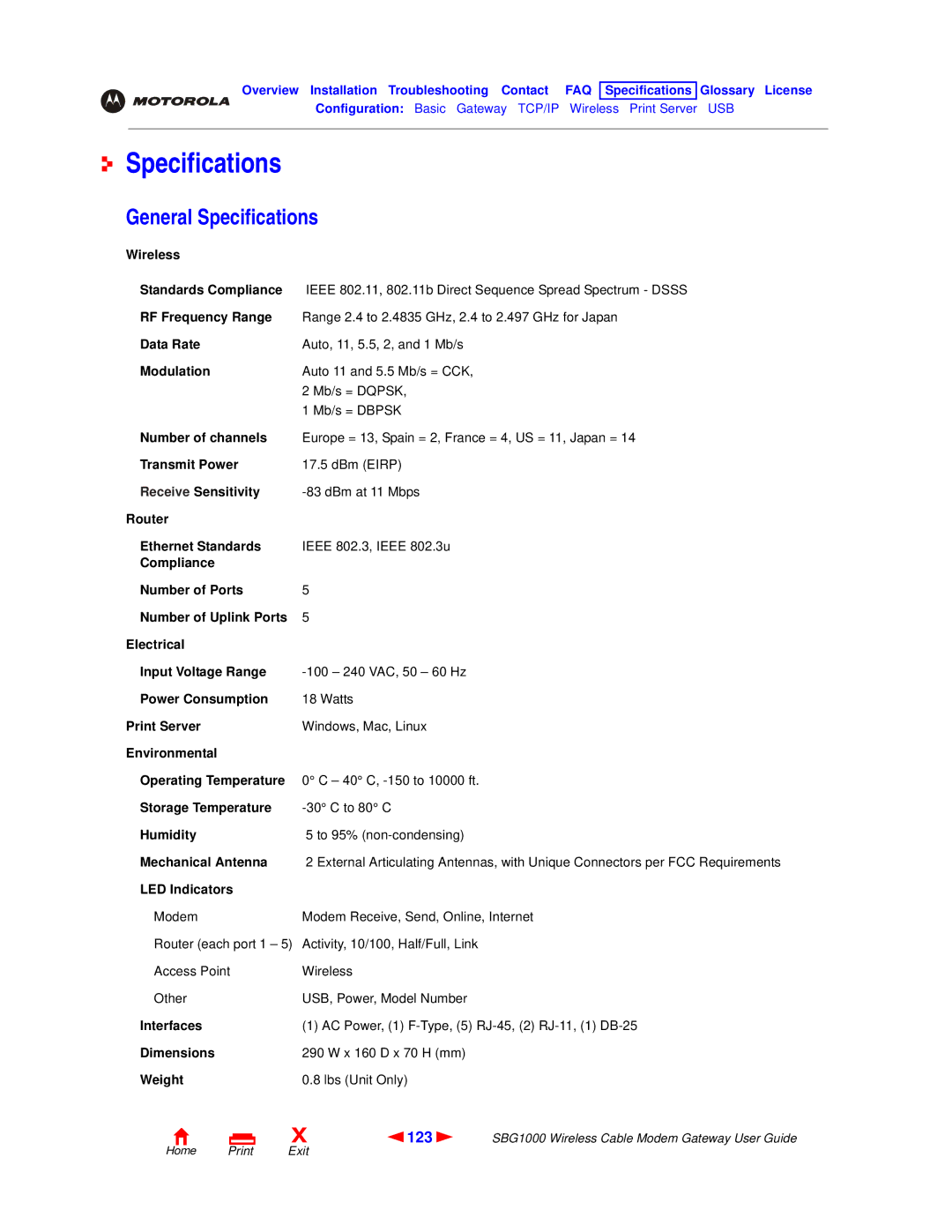 Motorola SBG1000 manual General Specifications, 123 