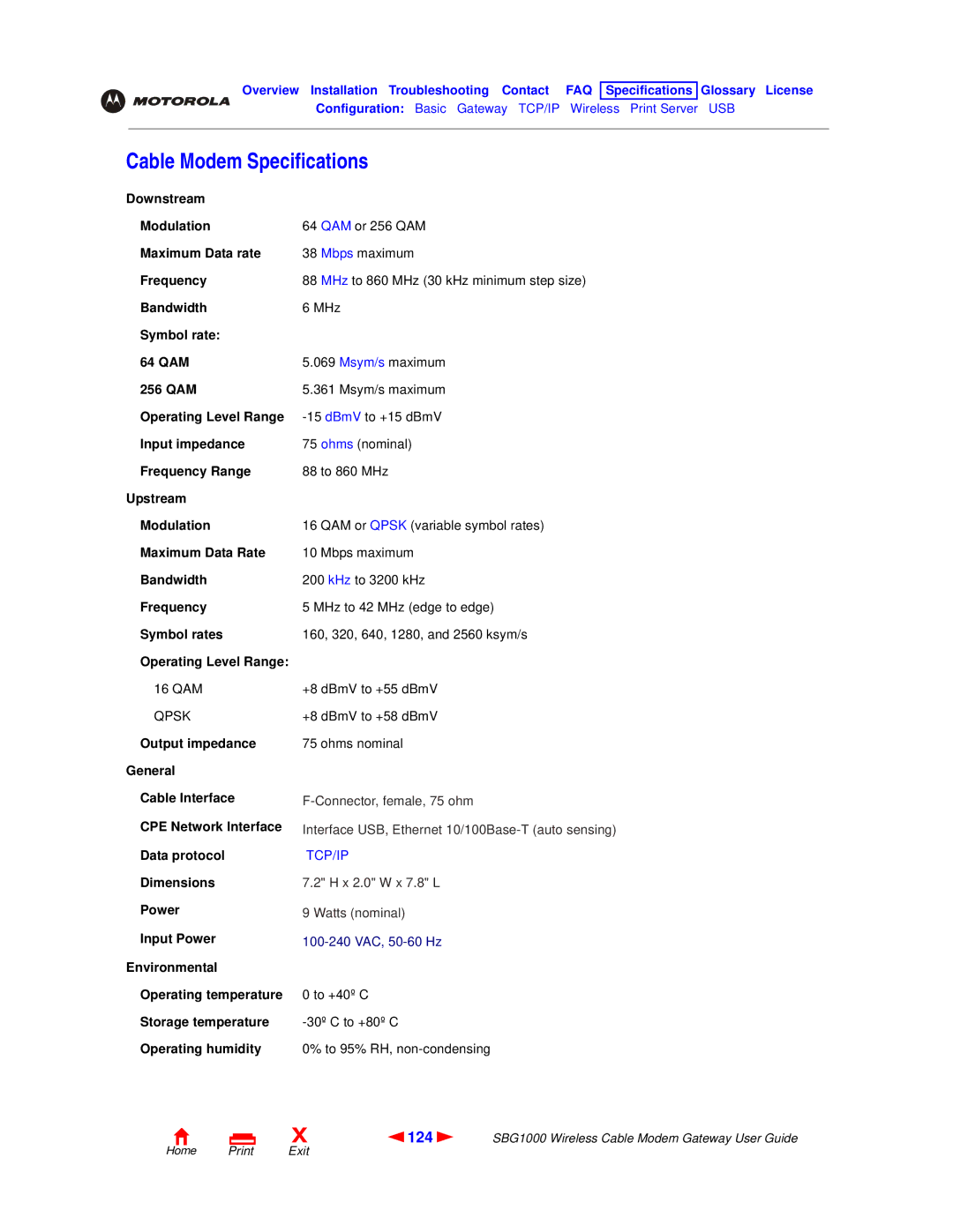 Motorola SBG1000 manual Cable Modem Specifications, 124 