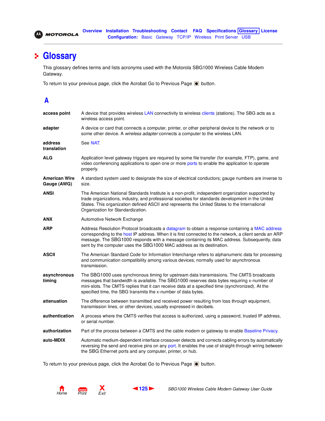 Motorola SBG1000 manual Glossary, 125 