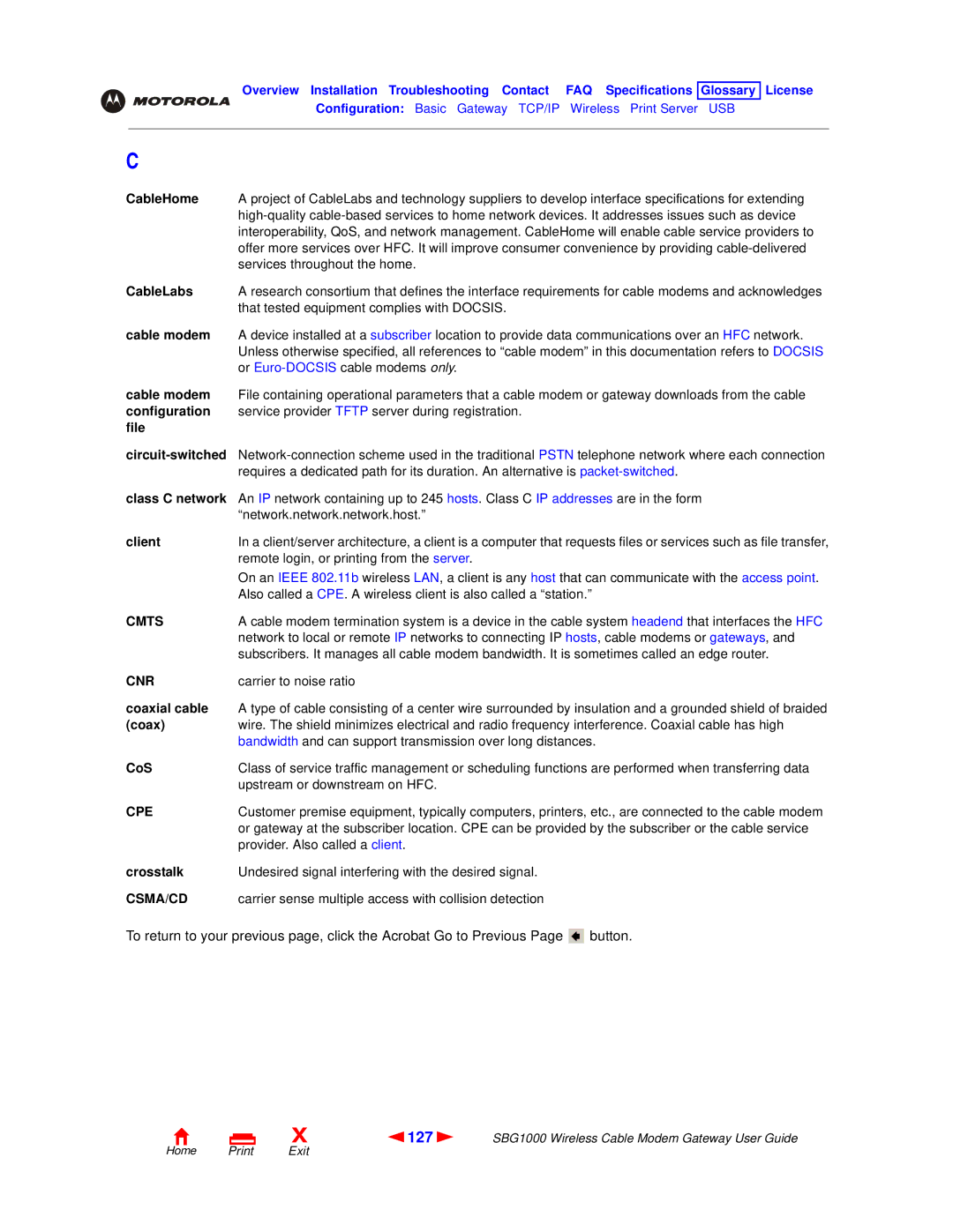 Motorola SBG1000 manual 127, Cmts, Cnr, Cpe, Csma/Cd 