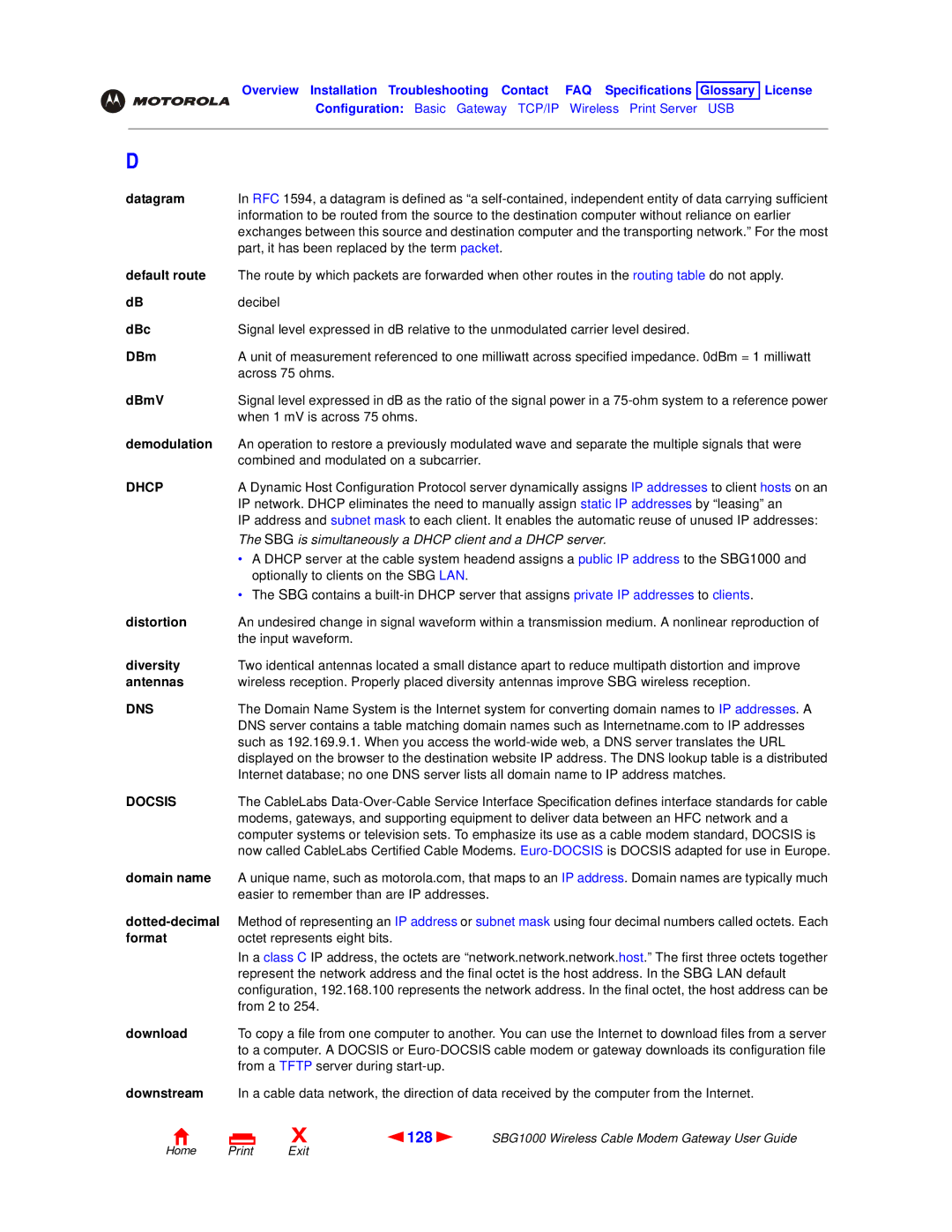 Motorola SBG1000 manual 128, Dhcp, Dns, Docsis 