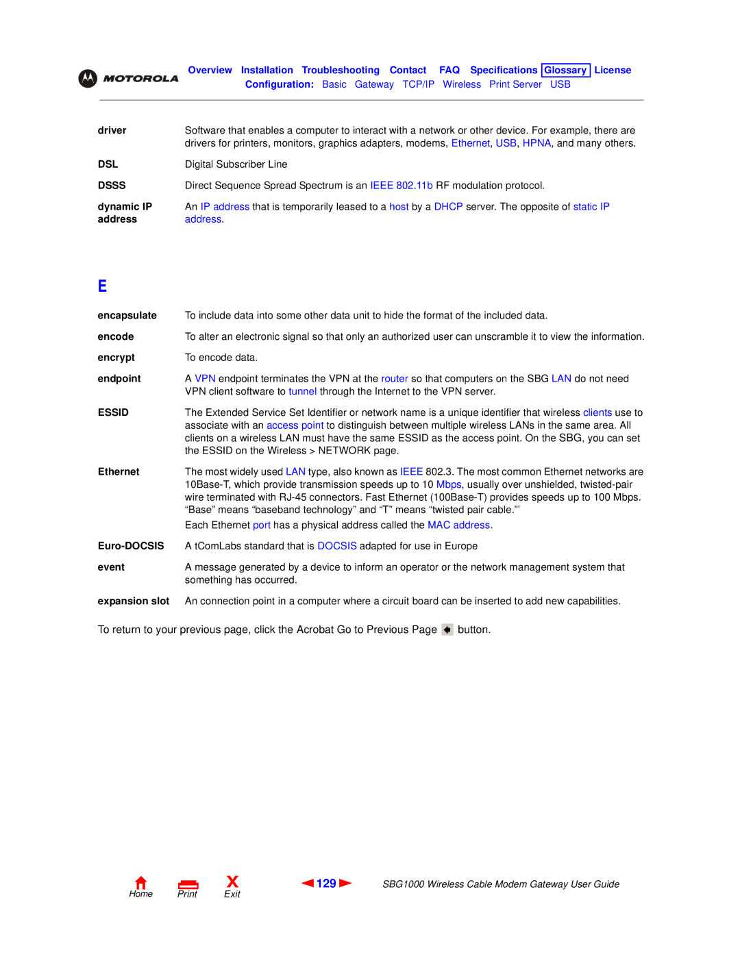 Motorola SBG1000 manual 129, Dsl, Dsss 